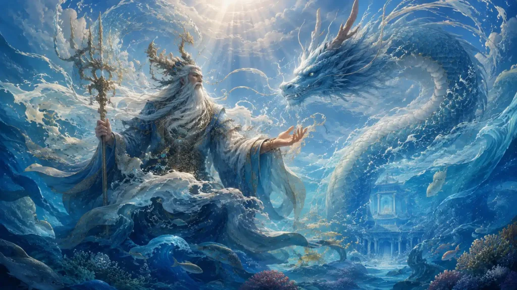 海を司る海神わたつみと海龍を描いた幻想的なイラスト