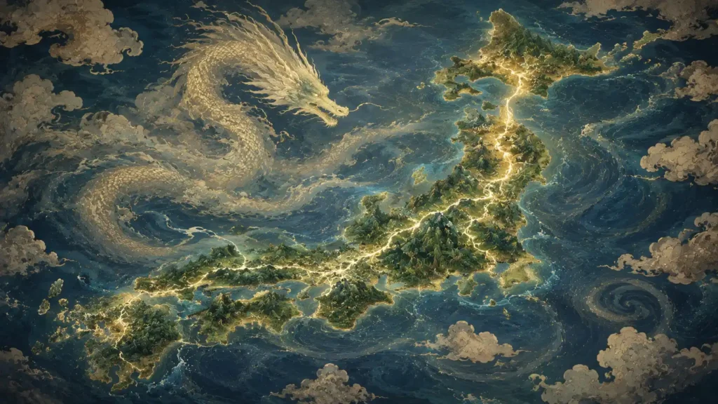 龍脈と日本列島をイメージした和風地図イラスト