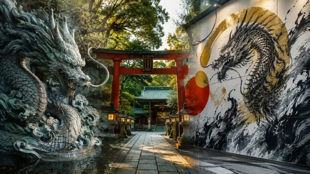 神社の龍の彫刻や現代アートを表現した日本文化の画像