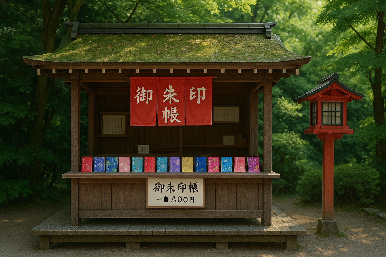 色とりどりの御朱印帳が販売されている静かな日本の神社