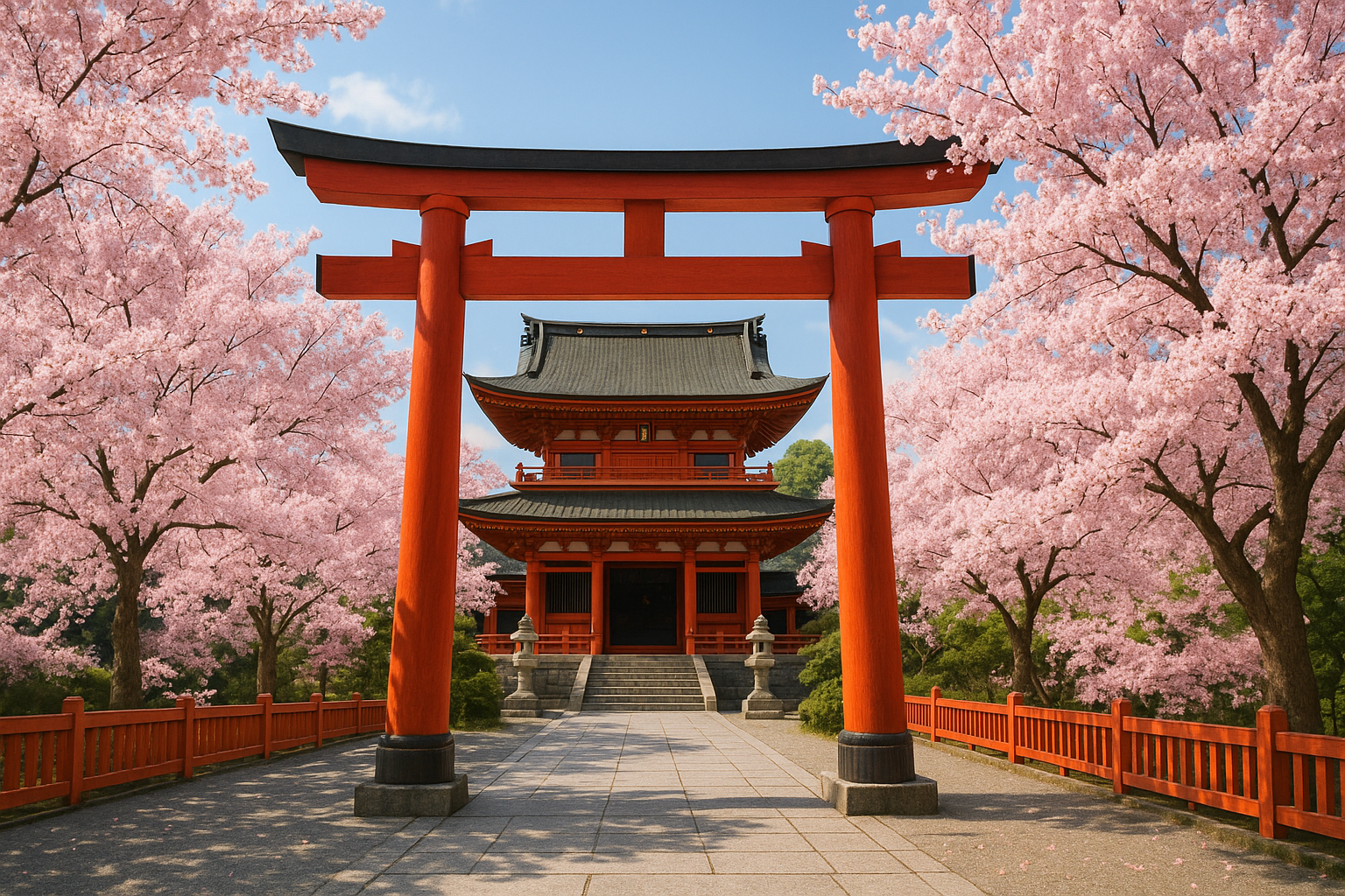 赤い鳥居と満開の桜がある美しい伝統的な日本の寺院
