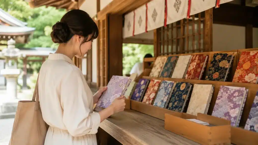 神社の授与所で御朱印帳を選ぶ参拝者