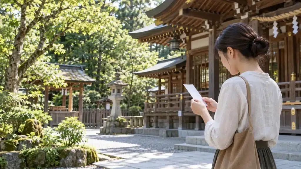 木々に囲まれた神社の境内で、一枚のおみくじを静かに読む参拝者のイラスト