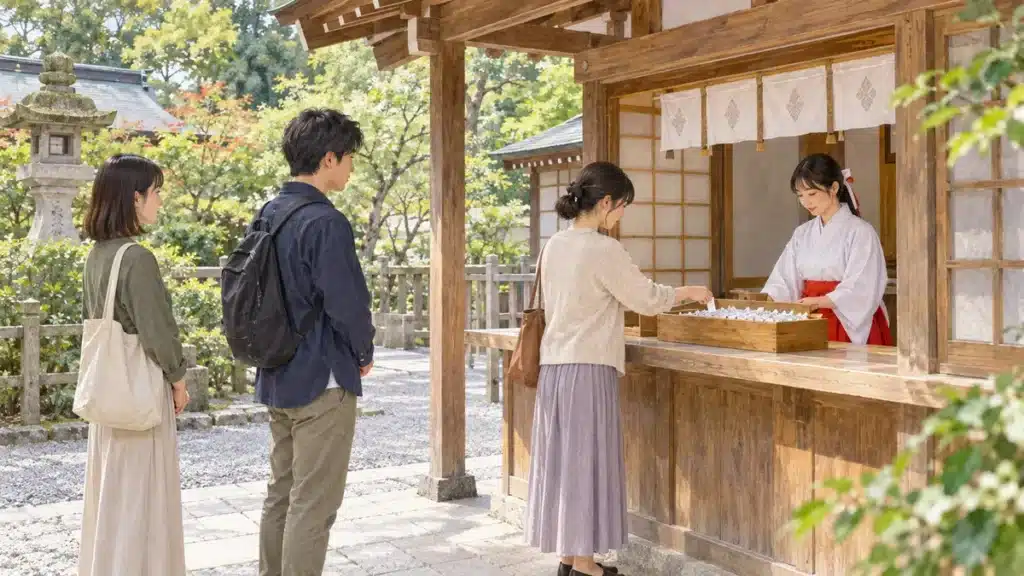 神社のおみくじ授与所で、間隔を空けて順番を待つ参拝者たちのイラスト