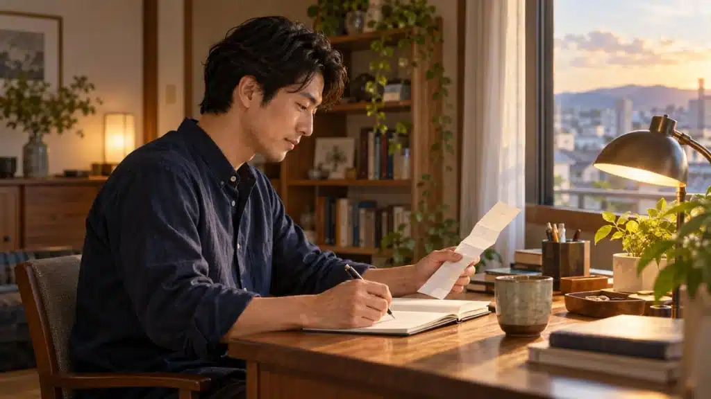 自宅の机でおみくじを読み返し、感じたことをノートに書き留める男性のイラスト