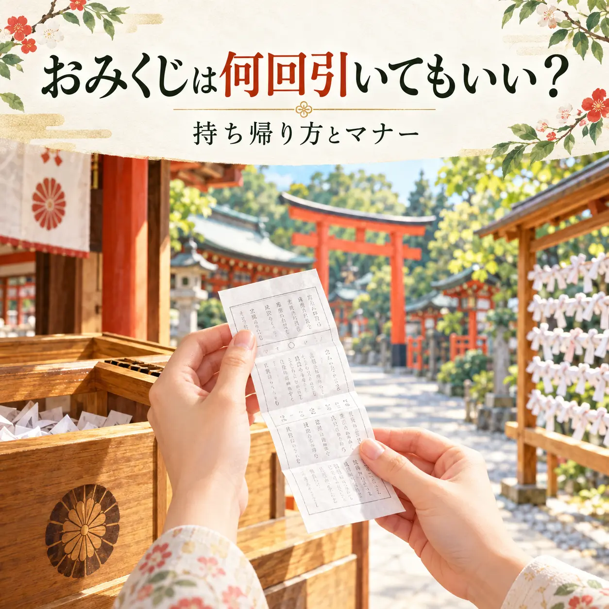 神社の鳥居とおみくじ結び所を背景に、両手でおみくじを読む様子。「おみくじは何回引いてもいい？持ち帰り方とマナー」の文字入り